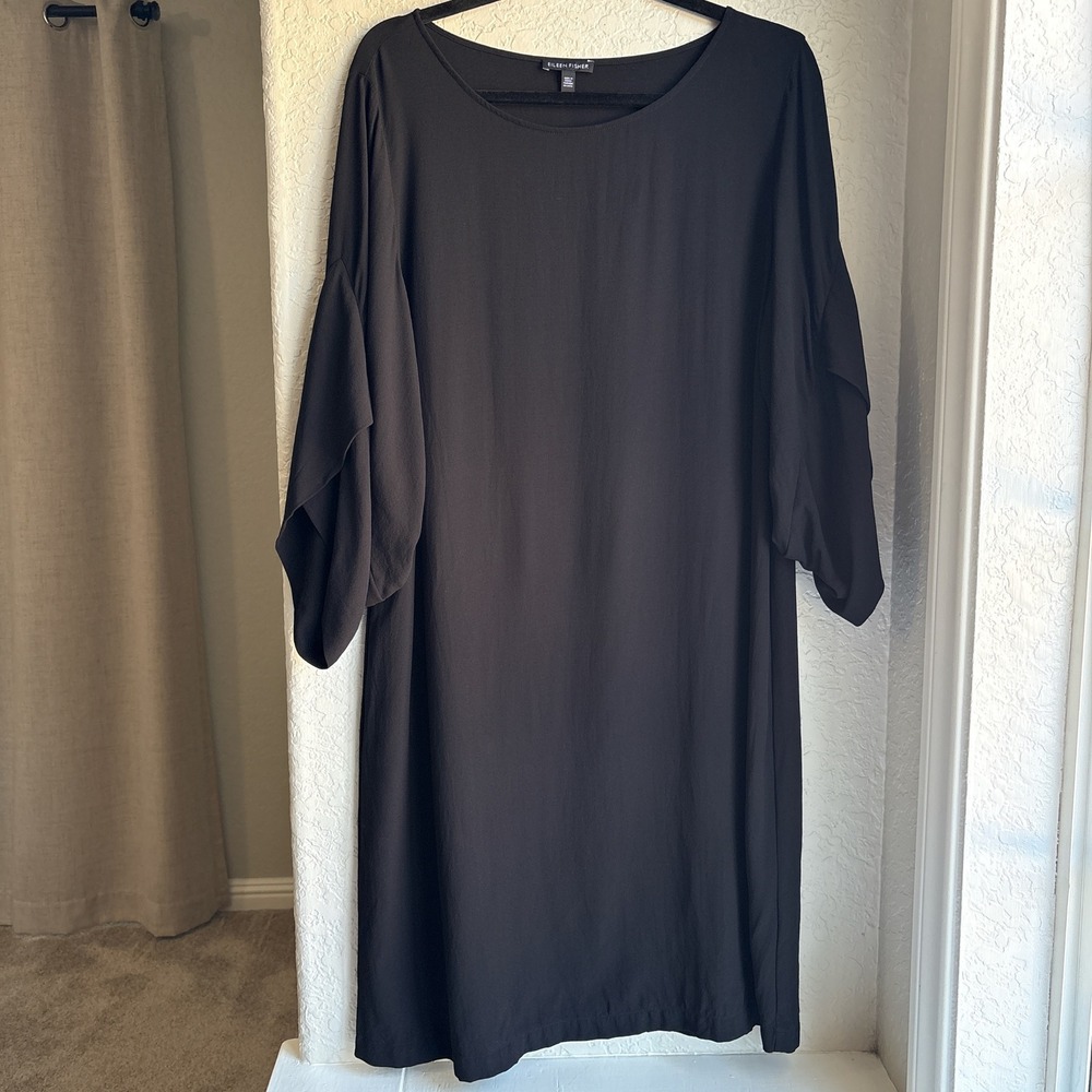 Eileen‎ Fisher Womens M Black Silk Dress Tulip Sleeve Crepe Shift Georgette Boat